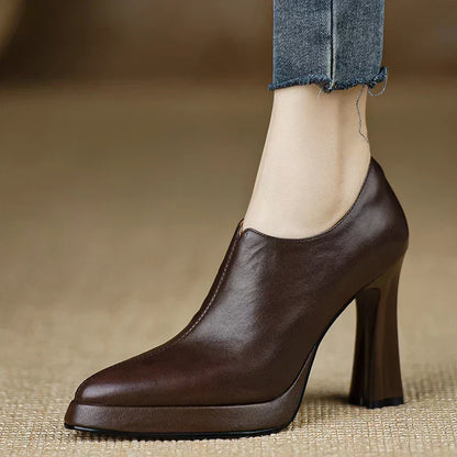 Leather Platform Block Heel Pumps – Pointed Toe Side Zip