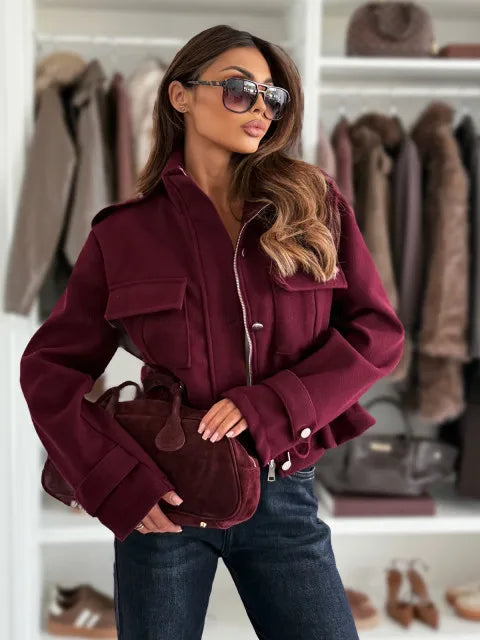 Cropped Utility Jacket – Drawstring Waist Zip-Up Long Sleeve