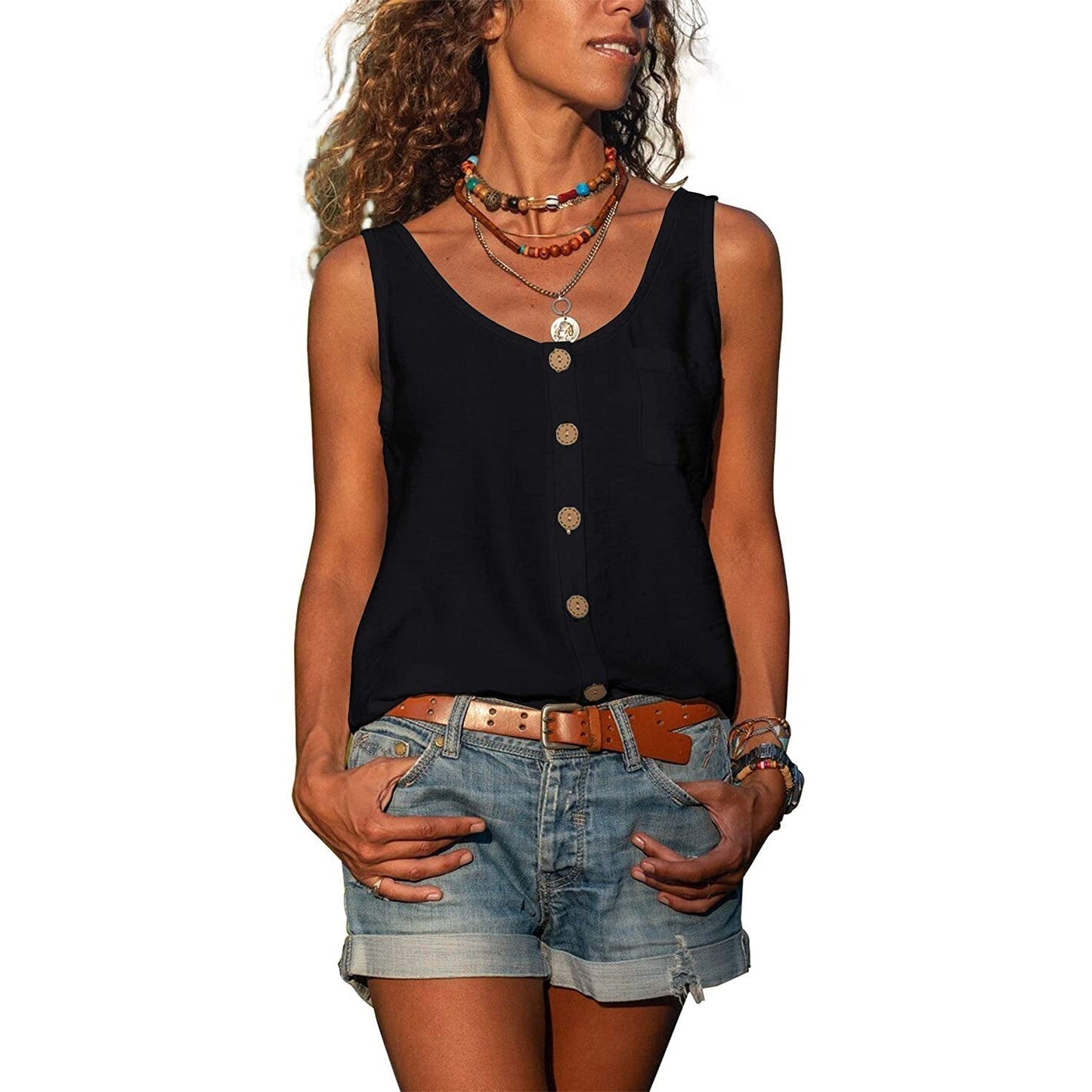 Women's Boho Button-Front Tank Top – Sleeveless Casual Summer Top