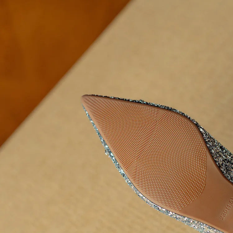 Glitter Block Heel Pumps – Pointed Toe Rhinestone Party Heels