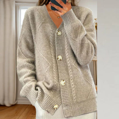 Cable Knit Button-Front Cardigan – V-Neck Relaxed Fit Long Sleeve
