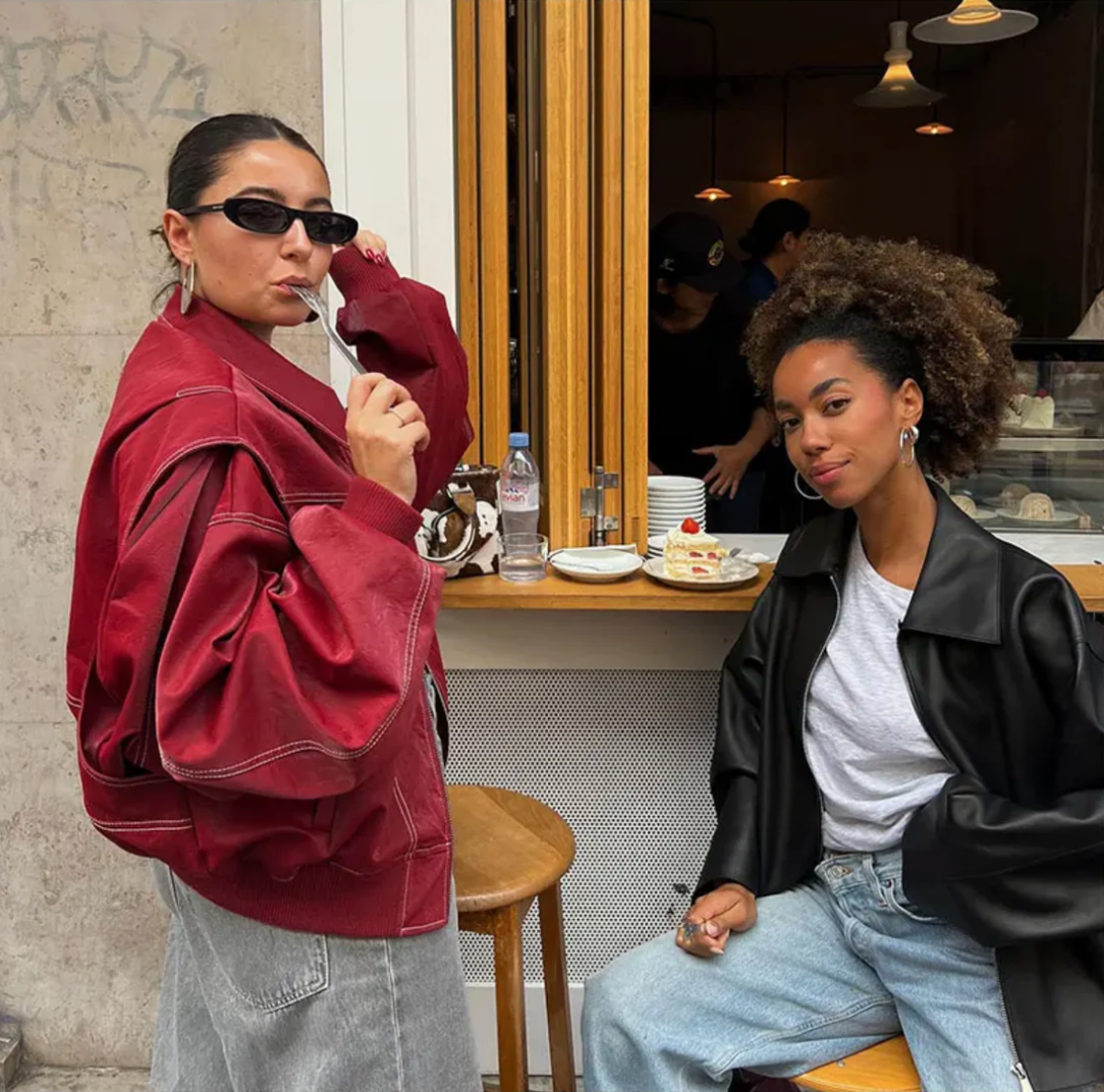 Oversized Faux Leather Bomber Jacket – Red Contrast Stitch Zip-Up