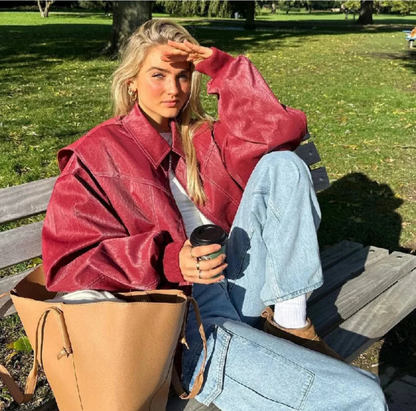 Oversized Faux Leather Bomber Jacket – Red Contrast Stitch Zip-Up
