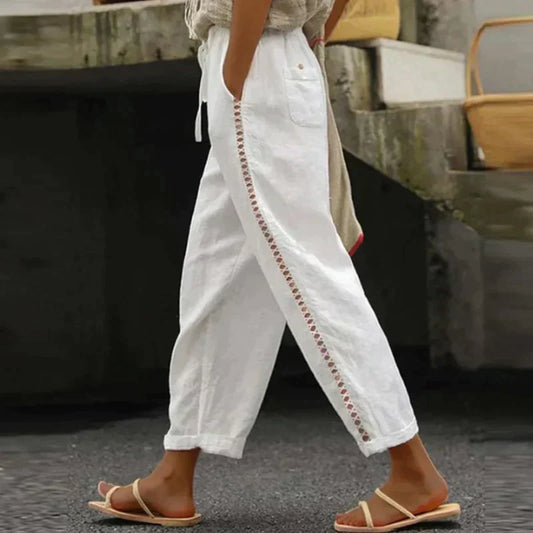 Linen-Look High Waist Tapered Pants – Button Side Stripe Casual Trousers