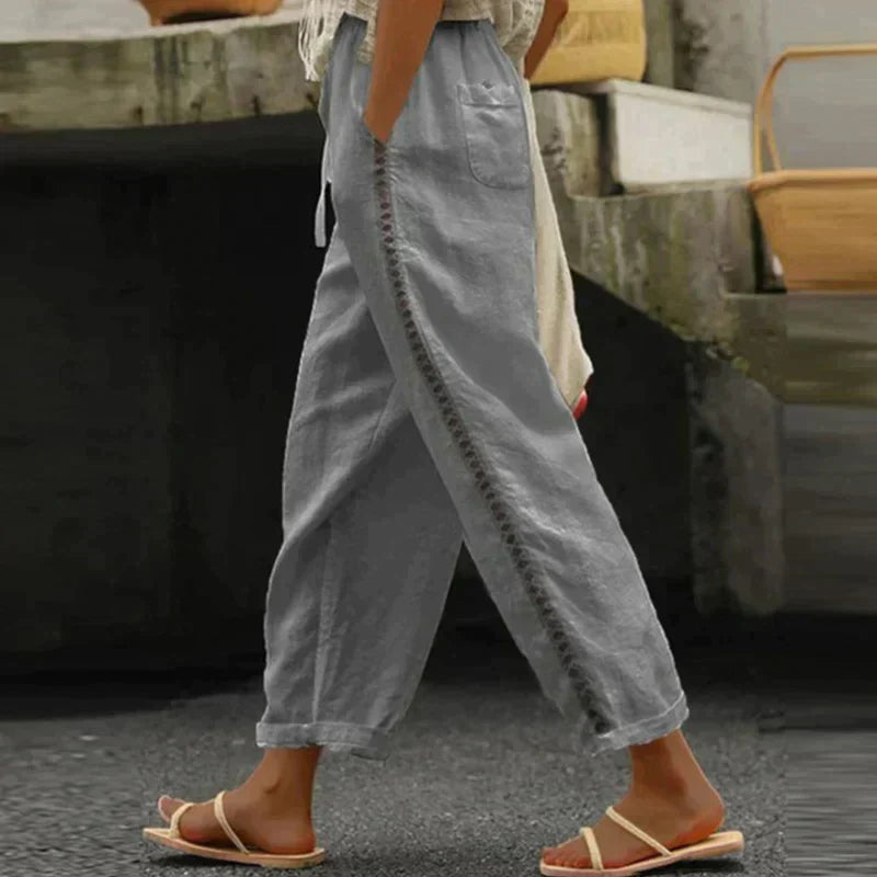 Linen-Look High Waist Tapered Pants – Button Side Stripe Casual Trousers