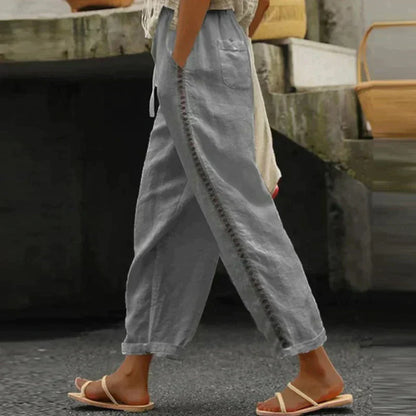Linen-Look High Waist Tapered Pants – Button Side Stripe Casual Trousers