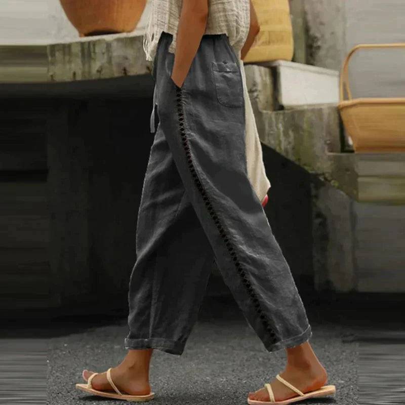 Linen-Look High Waist Tapered Pants – Button Side Stripe Casual Trousers