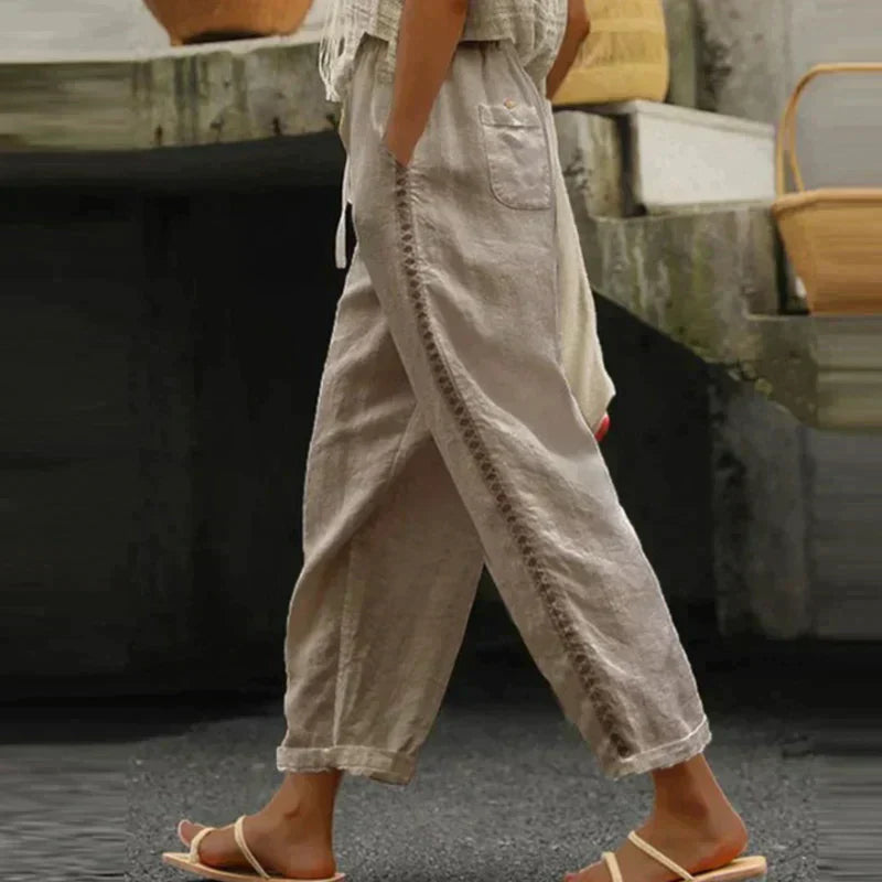 Linen-Look High Waist Tapered Pants – Button Side Stripe Casual Trousers