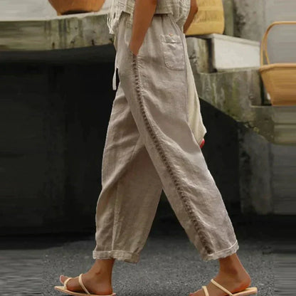 Linen-Look High Waist Tapered Pants – Button Side Stripe Casual Trousers