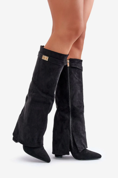 Fold-Over Knee-High Boots – Pointed Toe Gold Lock Detail