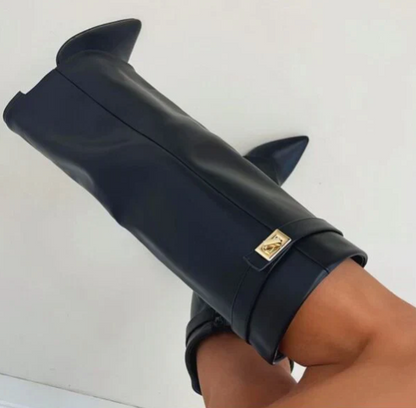 Fold-Over Knee-High Boots – Pointed Toe Gold Lock Detail