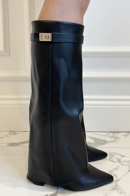 Fold-Over Knee-High Boots – Pointed Toe Gold Lock Detail