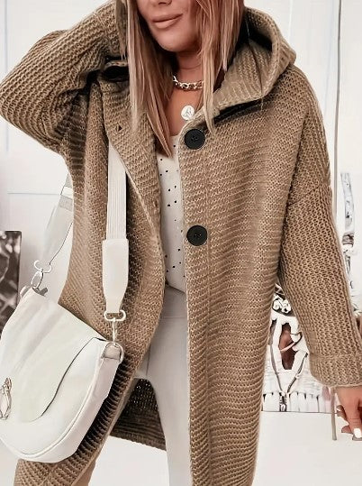 Hooded Knit Cardigan Women – Oversized Long Button-Front Sweater