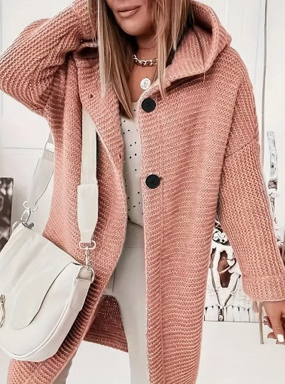Hooded Knit Cardigan Women – Oversized Long Button-Front Sweater