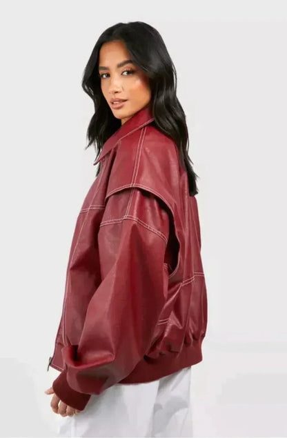 Oversized Faux Leather Bomber Jacket – Red Contrast Stitch Zip-Up