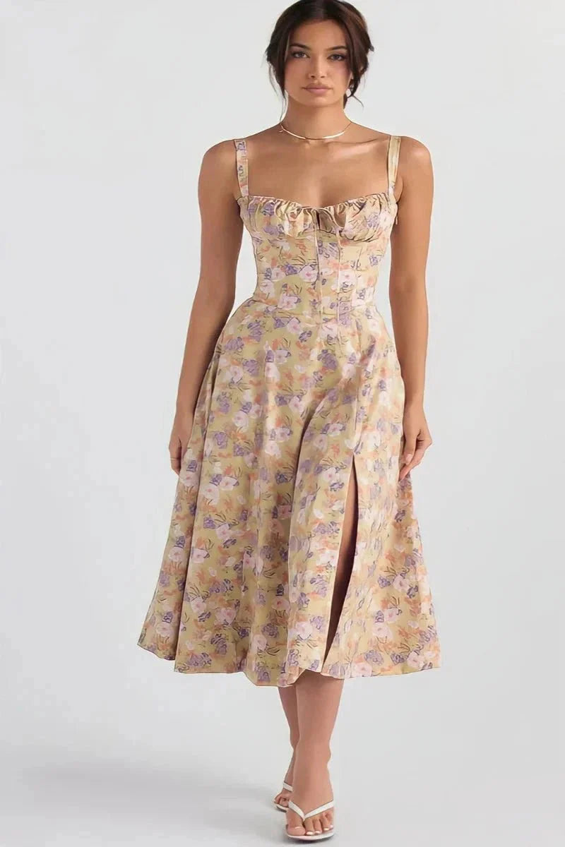 Women's Corset Bustier Midi Dress – Floral A-Line Summer Dress with Side Slit