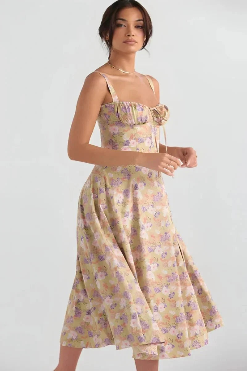 Women's Corset Bustier Midi Dress – Floral A-Line Summer Dress with Side Slit