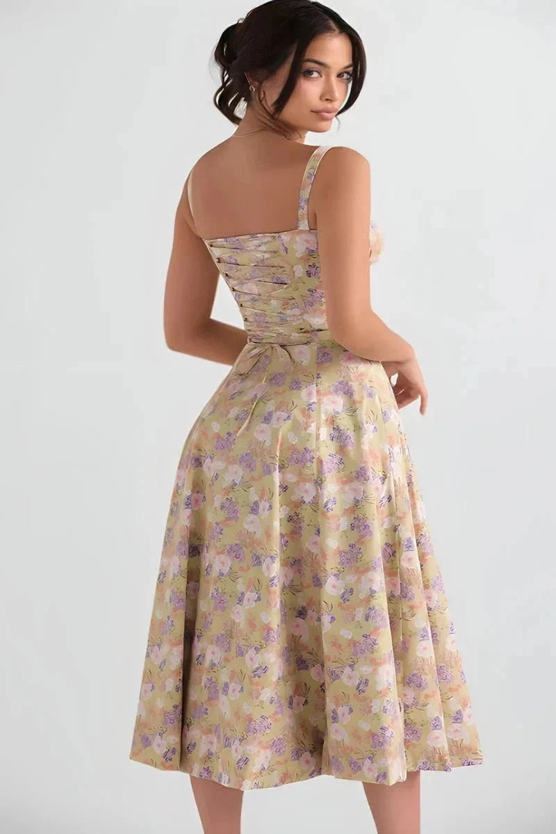 Women's Corset Bustier Midi Dress – Floral A-Line Summer Dress with Side Slit