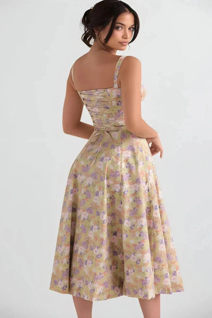 Women's Corset Bustier Midi Dress – Floral A-Line Summer Dress with Side Slit