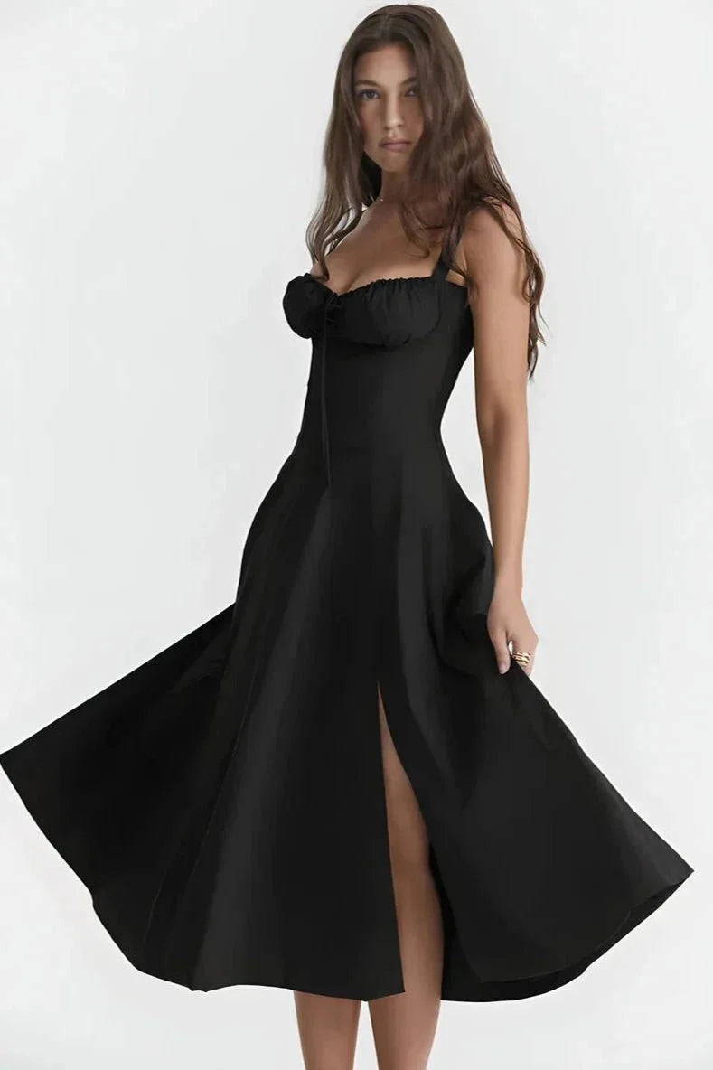 Women's Corset Bustier Midi Dress – Floral A-Line Summer Dress with Side Slit
