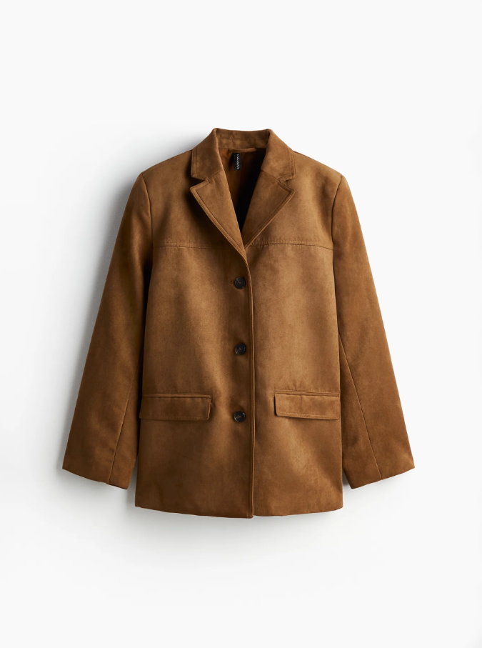 Suede Blazer Jacket – Women's Oversized Button-Front Notch Lapel