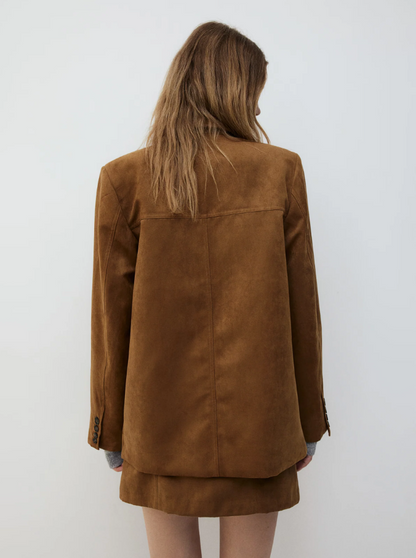 Suede Blazer Jacket – Women's Oversized Button-Front Notch Lapel