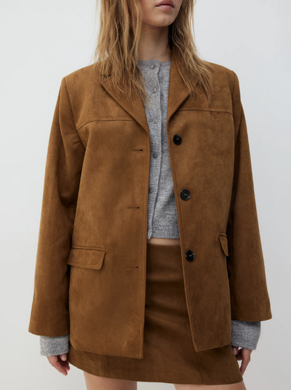 Suede Blazer Jacket – Women's Oversized Button-Front Notch Lapel