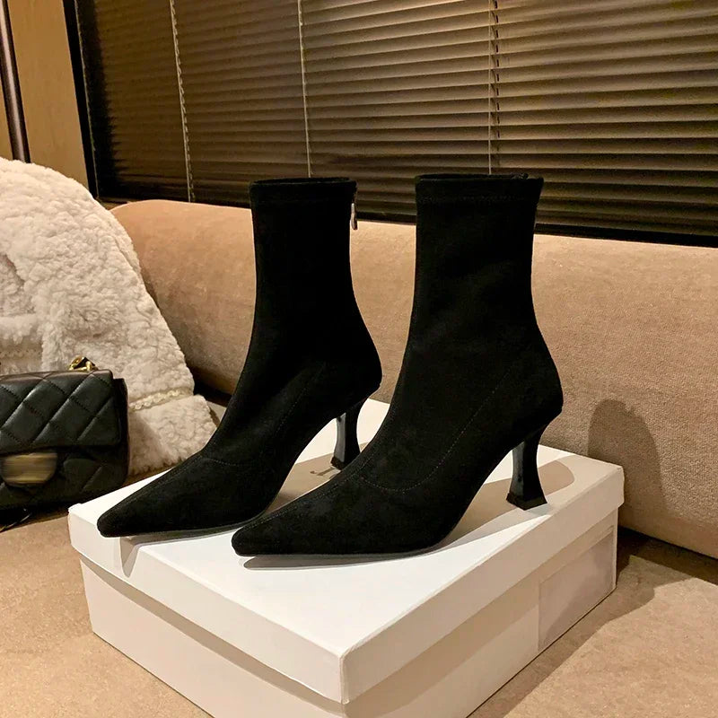Pointed Toe Sock Ankle Boots – Suede Stiletto Heel Booties