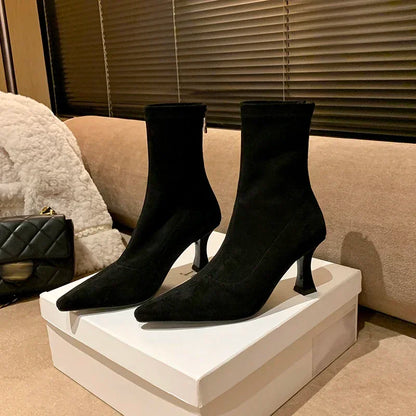 Pointed Toe Sock Ankle Boots – Suede Stiletto Heel Booties