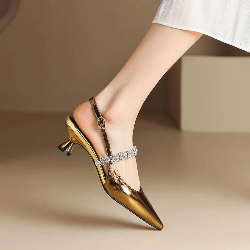 Rhinestone Slingback Heels – Pointed Toe Crystal Strap Pumps