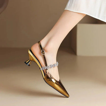 Rhinestone Slingback Heels – Pointed Toe Crystal Strap Pumps