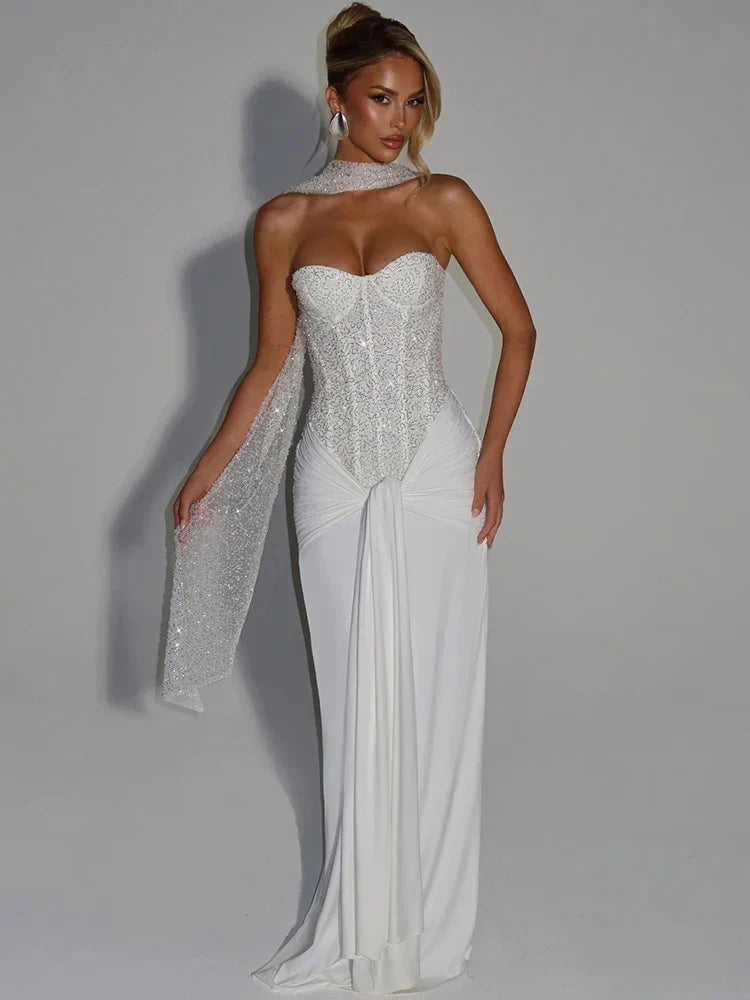 Sequin Corset Strapless Maxi Dress – Ruched Formal Evening Gown