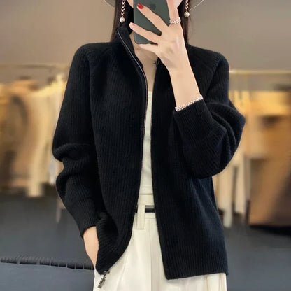Ribbed Knit Zip-Up Cardigan – Stand Collar Long Sleeve Sweater Jacket
