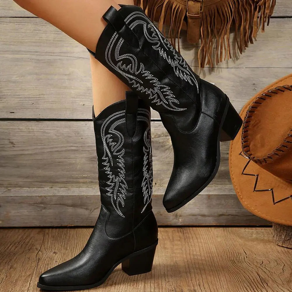 Embroidered Western Cowboy Boots – Mid-Calf Pointed Toe Block Heel