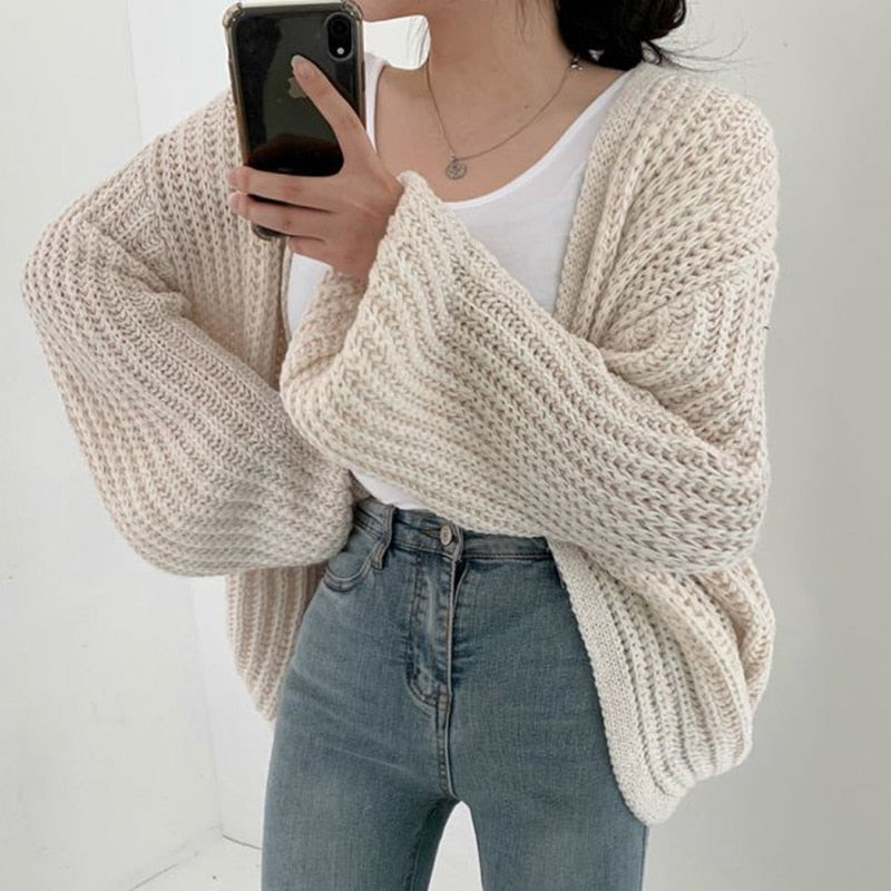 Chunky Knit Oversized Cardigan – Open Front Balloon Sleeve