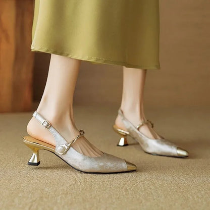 Floral Satin Kitten Heel Slingback Pumps – Pointed Toe Pearl Strap