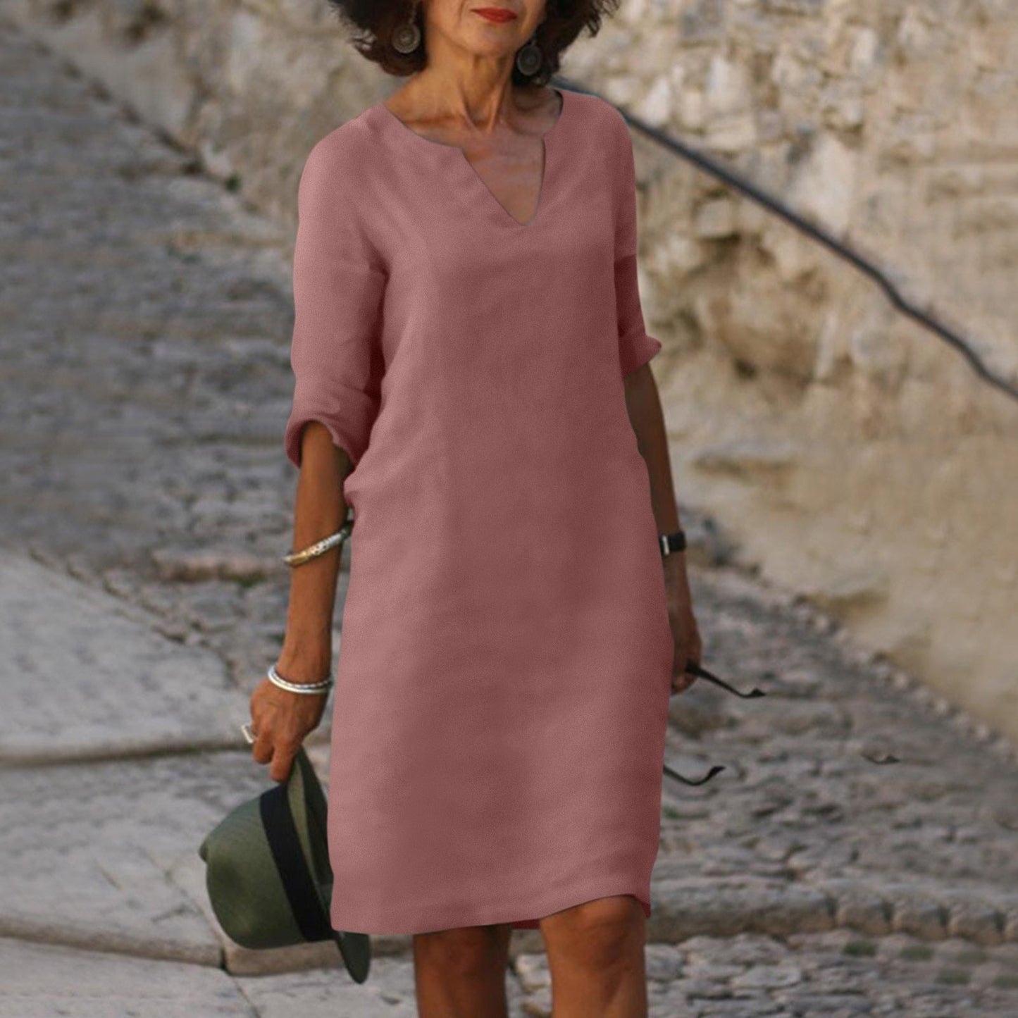 Women's V-Neck Short Sleeve Cotton Midi Dress – Casual Everyday Summer Dress
