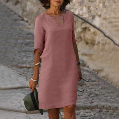 Women's V-Neck Short Sleeve Cotton Midi Dress – Casual Everyday Summer Dress