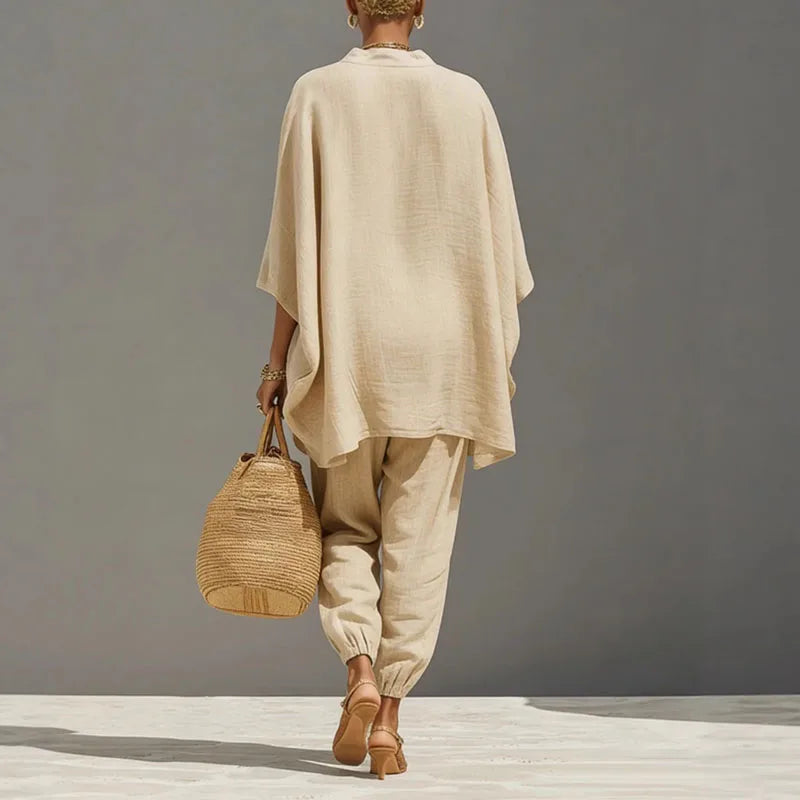 Linen Batwing Sleeve Two Piece Set – V-Neck Top Tapered Pants