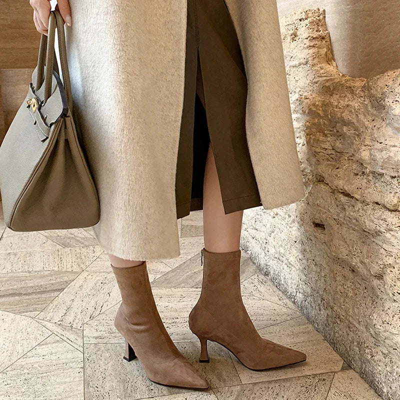 Pointed Toe Sock Ankle Boots – Suede Stiletto Heel Booties