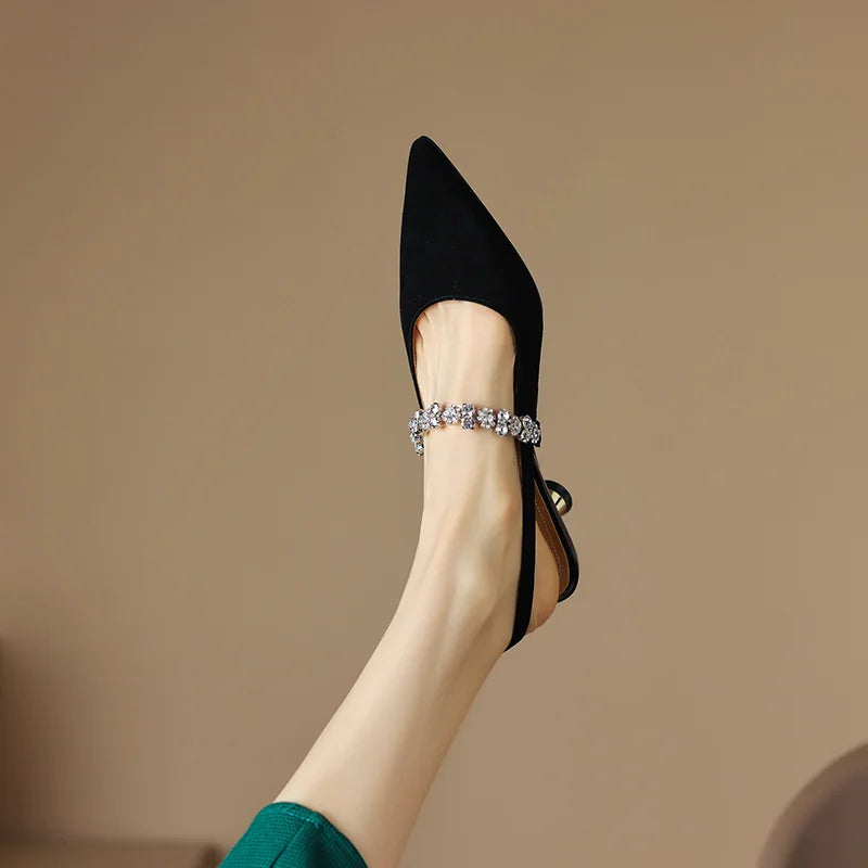 Rhinestone Slingback Heels – Pointed Toe Crystal Strap Pumps