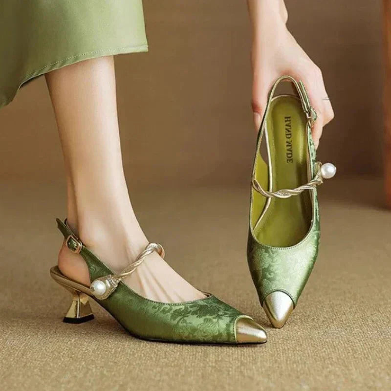 Floral Satin Kitten Heel Slingback Pumps – Pointed Toe Pearl Strap