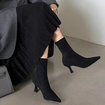 Pointed Toe Sock Ankle Boots – Suede Stiletto Heel Booties