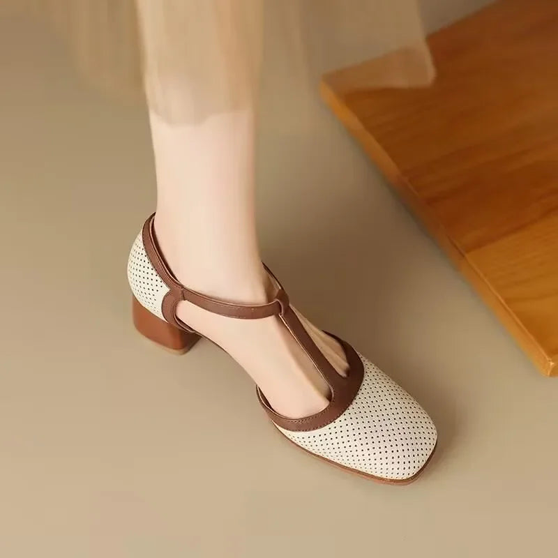 T-Strap Block Heel Pumps – Square Toe Two-Tone Mid Heel