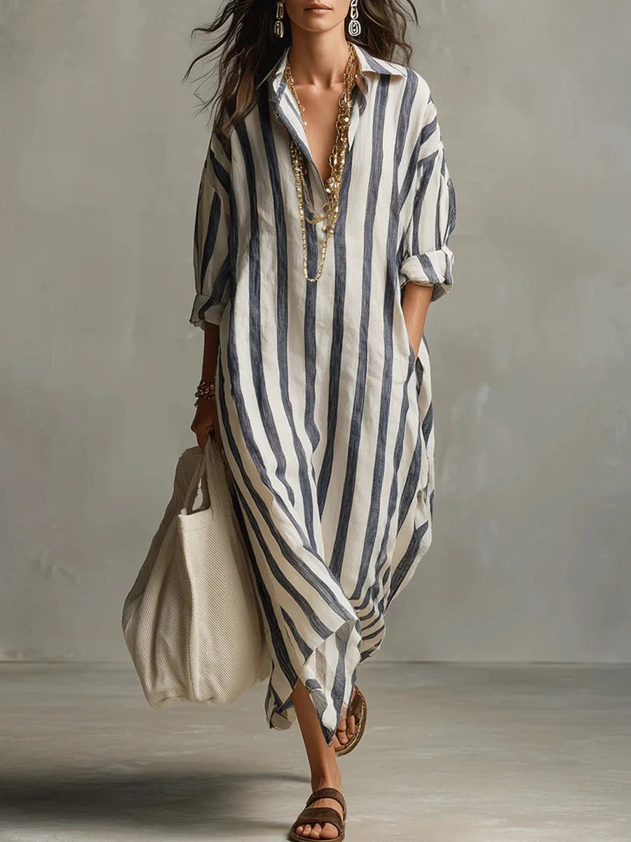 Striped Linen Maxi Shirt Dress – Loose Fit Long Sleeve Casual