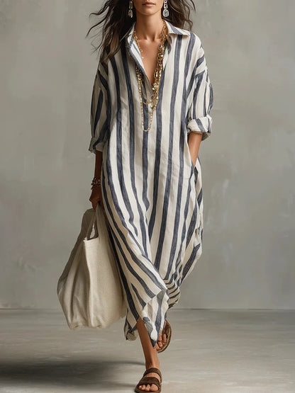 Striped Linen Maxi Shirt Dress – Loose Fit Long Sleeve Casual