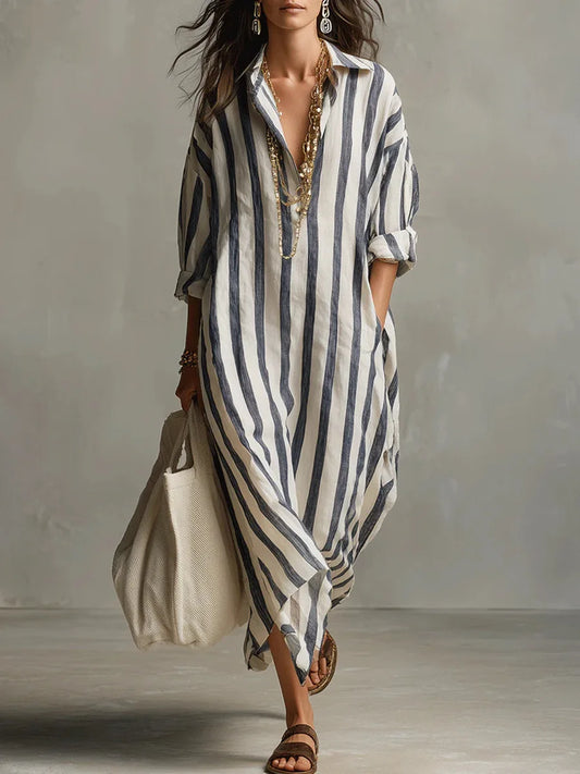 Striped Linen Maxi Shirt Dress – Loose Fit Long Sleeve Casual