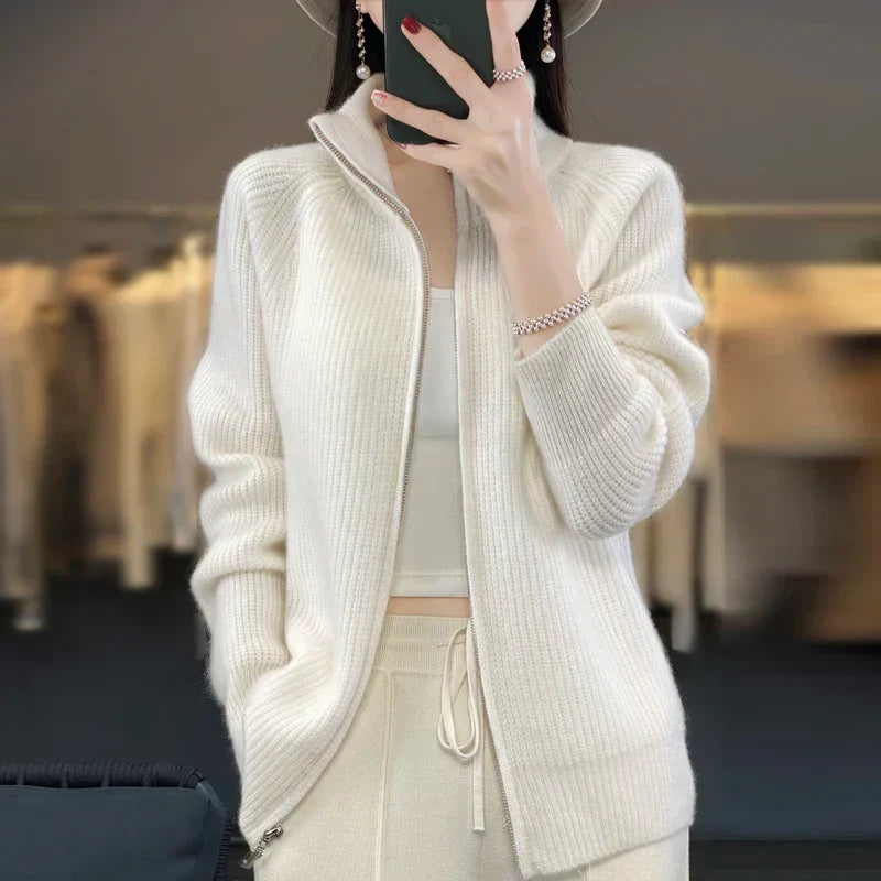 Ribbed Knit Zip-Up Cardigan – Stand Collar Long Sleeve Sweater Jacket