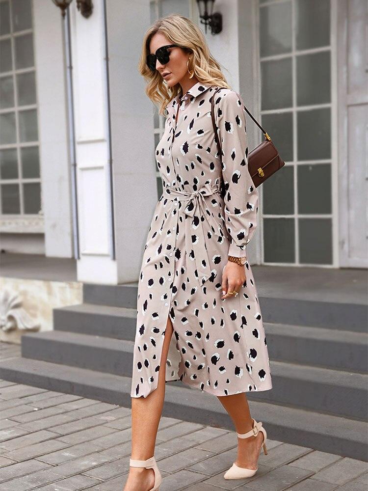 Animal Print Shirt Midi Dress – Belted Long Sleeve A-Line
