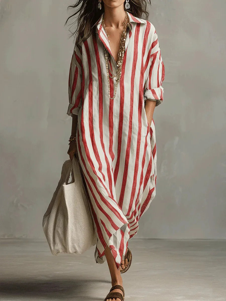 Striped Linen Maxi Shirt Dress – Loose Fit Long Sleeve Casual